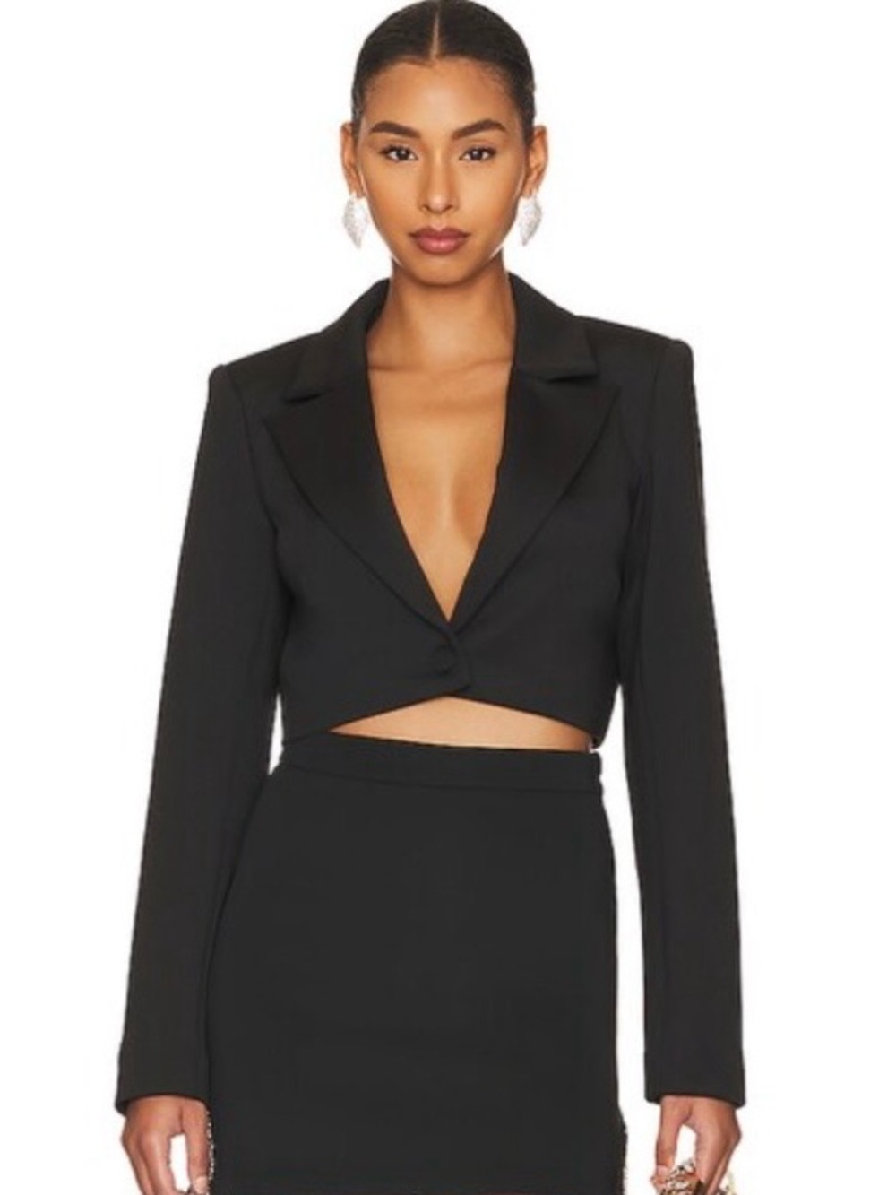 New Good American Black Shiny Stretch Scuba Cropped Blazer Large XL Office Siren